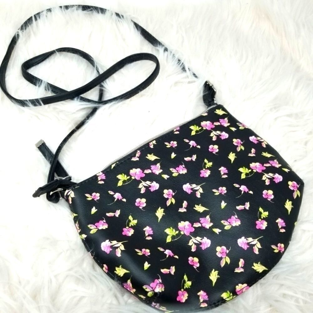 Cute Pink and Black Floral Vinyl Crossbody